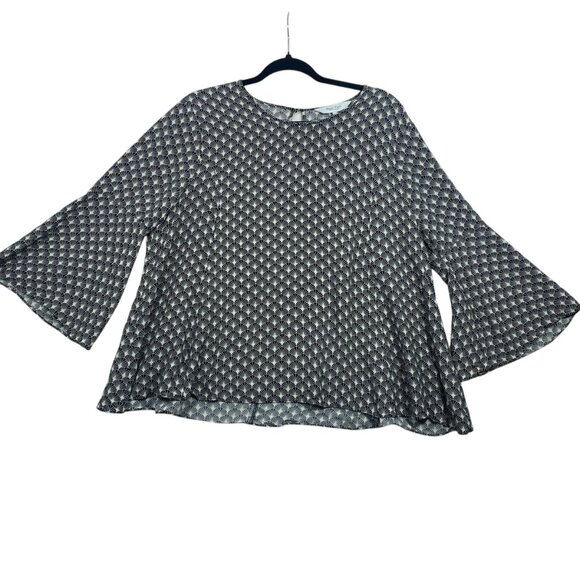 Part Two Tops - Black & White Geometric Bell-Sleeve Blouse